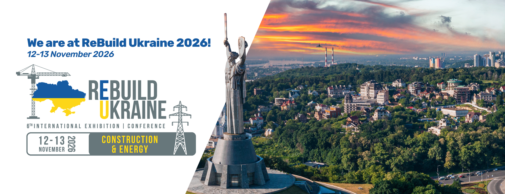 ReBuild Ukraine 2026 etkinliği için Kiev Anavatan Anıtı, Ukrayna bayrağı ve yeniden yapılanmayı simgeleyen inşaat grafikleri